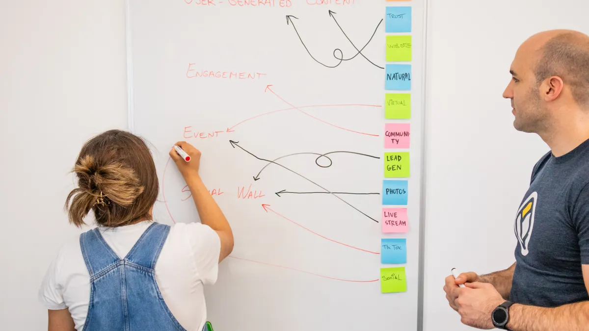Two people mapping content ideas on a whiteboard