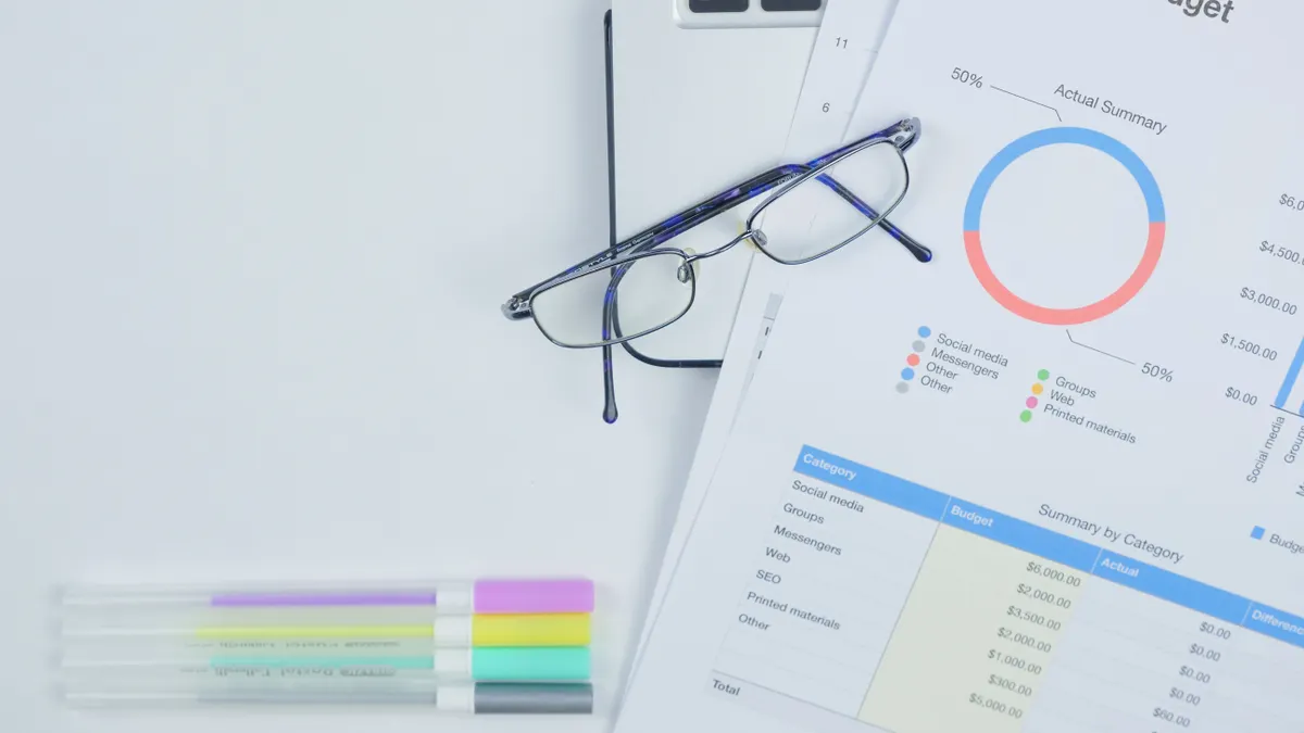 Glasses on printed charts and documents